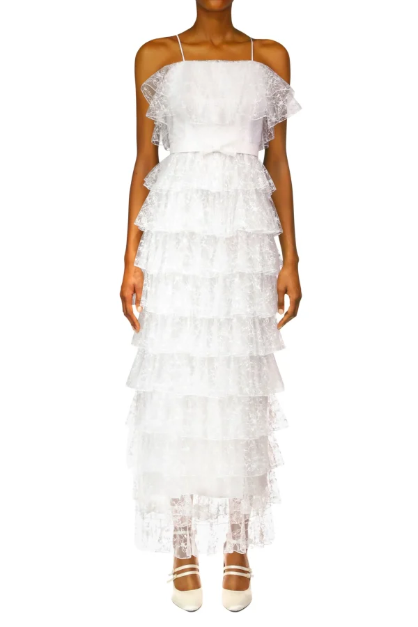 Dresses*Rodarte Off White Floral Tulle Tiered Ruffle Dress