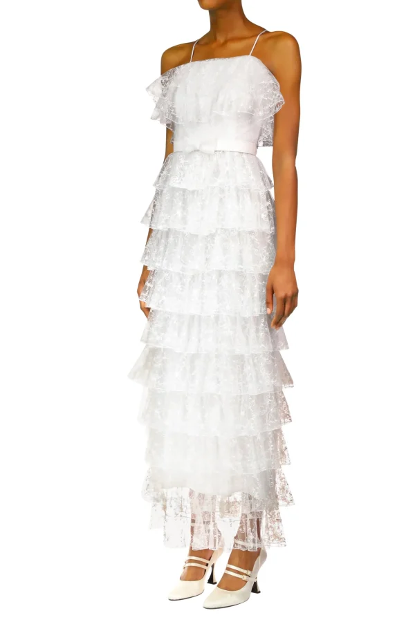 Dresses*Rodarte Off White Floral Tulle Tiered Ruffle Dress