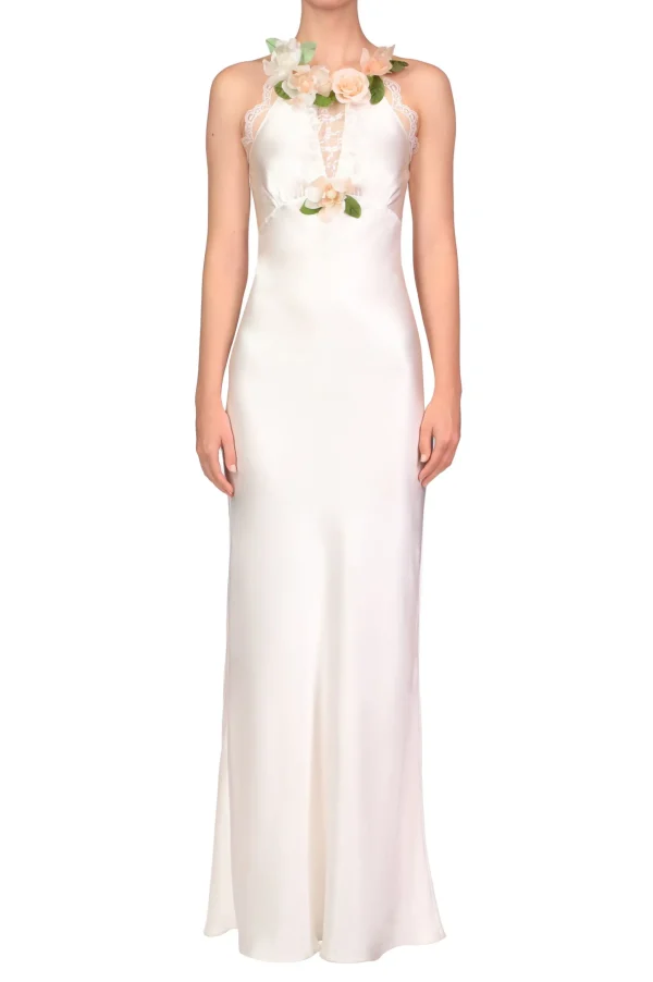 Dresses*Rodarte Off White Silk Bias Dress With Lace, Ruffle And Silk Flower Details