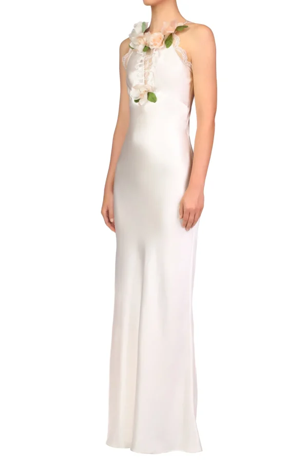 Dresses*Rodarte Off White Silk Bias Dress With Lace, Ruffle And Silk Flower Details