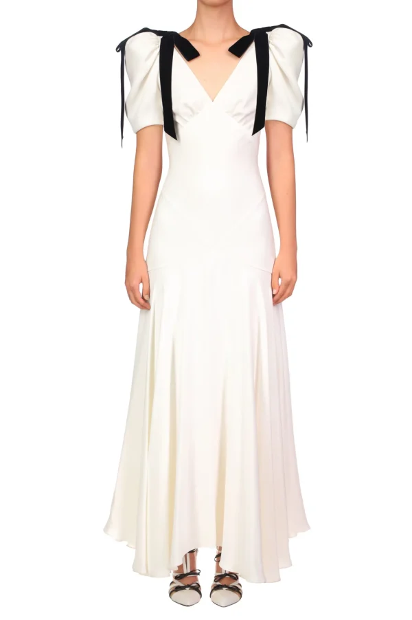 Dresses*Rodarte Off White Silk Crepe Bias Dress With Velvet Ribbon Bow Details