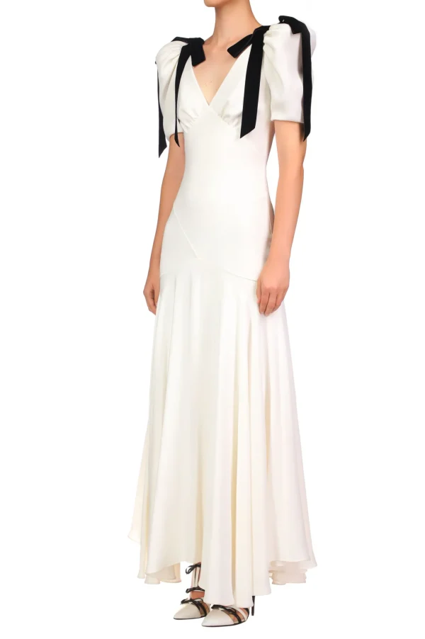 Dresses*Rodarte Off White Silk Crepe Bias Dress With Velvet Ribbon Bow Details