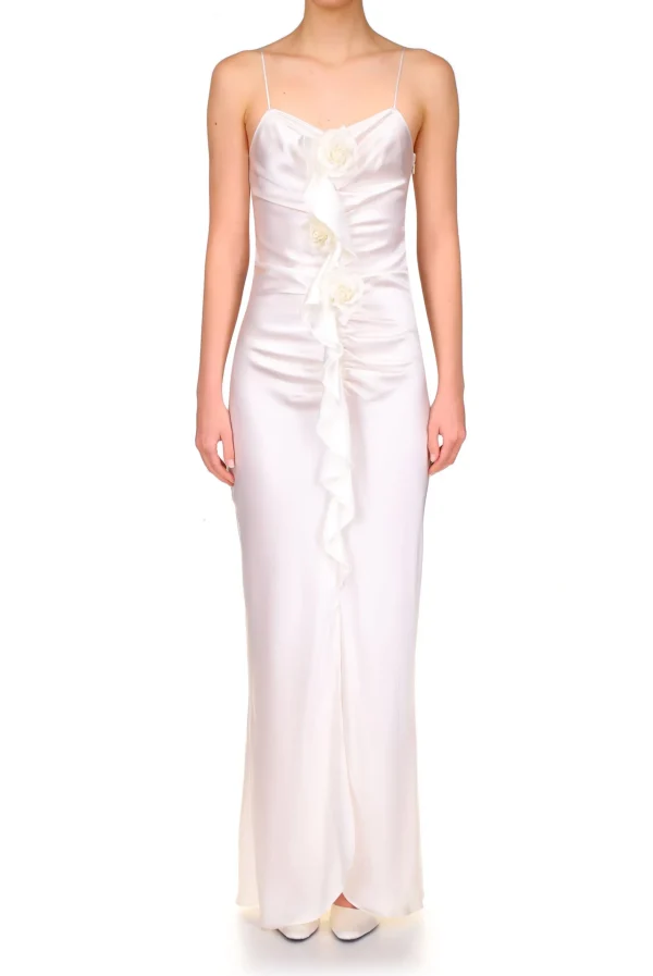 Dresses*Rodarte Off White Silk Ruched Gown With Ruffle Detail And Silk Roses