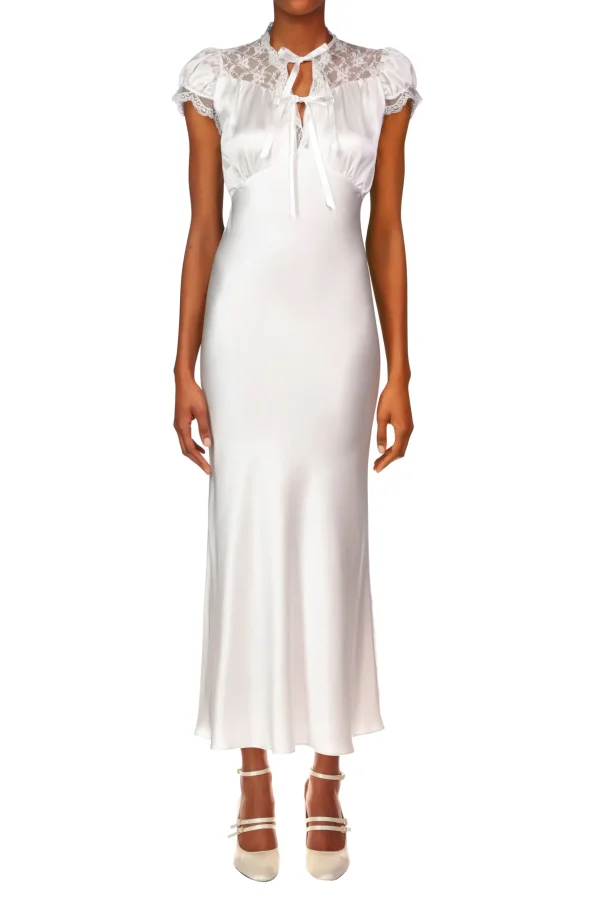 Dresses*Rodarte Off White Silk Satin Bias Dress With Lace And Ruffle Details