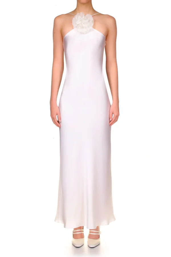 Dresses*Rodarte Off White Silk Satin Halter Gown With Silk Flower