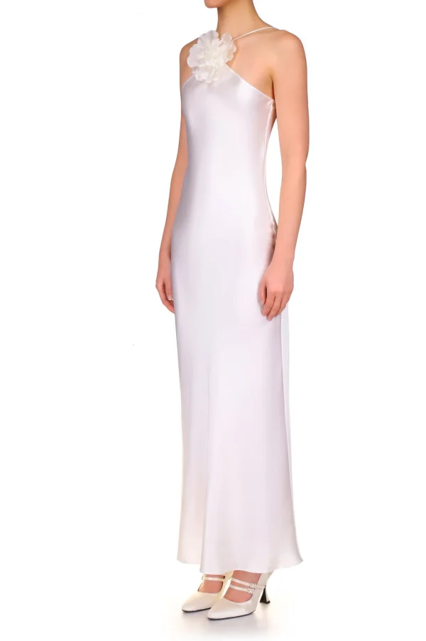 Dresses*Rodarte Off White Silk Satin Halter Gown With Silk Flower