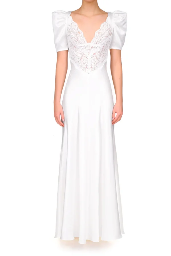 Dresses*Rodarte Off White Silk Satin Short Sleeve Gown With Lace Details