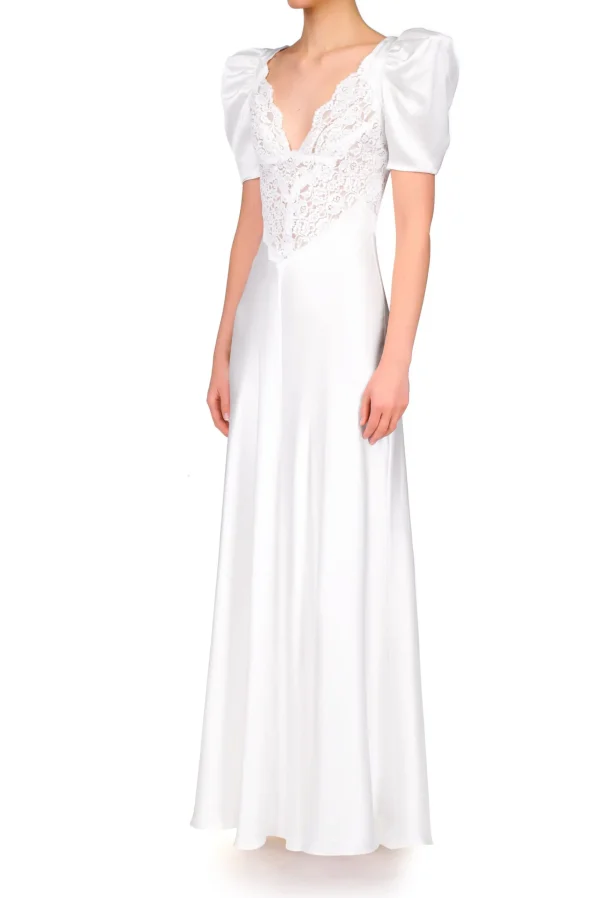 Dresses*Rodarte Off White Silk Satin Short Sleeve Gown With Lace Details