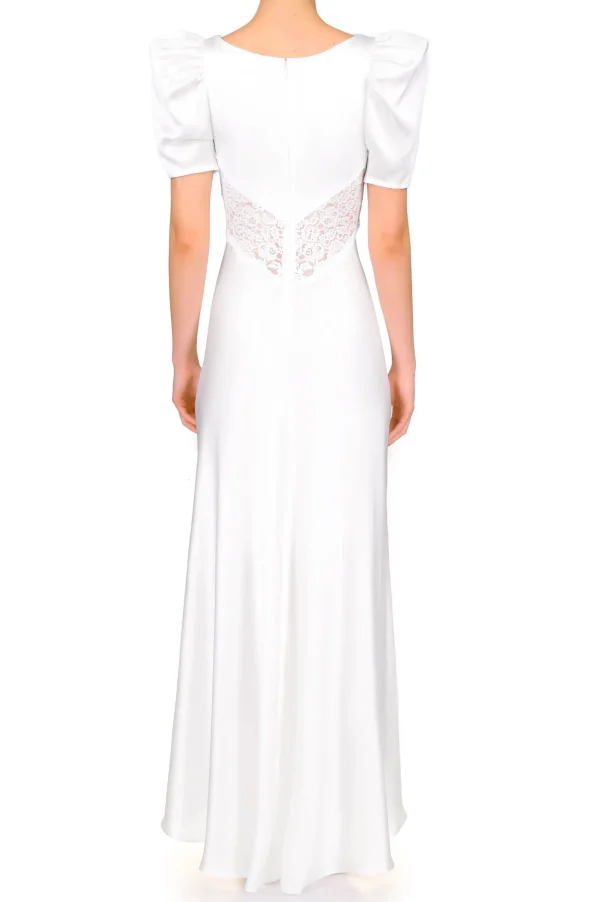 Dresses*Rodarte Off White Silk Satin Short Sleeve Gown With Lace Details