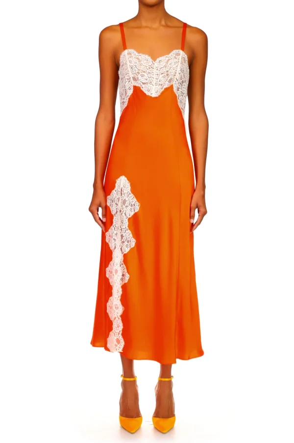 Dresses*Rodarte Orange Silk Satin And Lace Bias Slip Dress