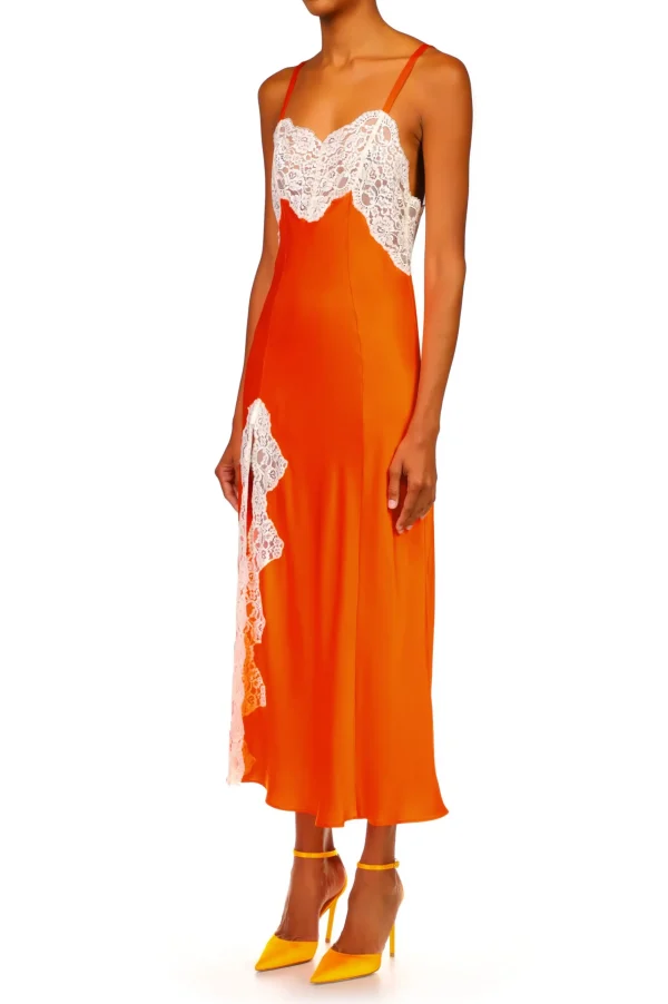 Dresses*Rodarte Orange Silk Satin And Lace Bias Slip Dress