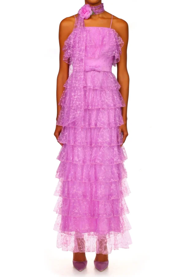 Dresses*Rodarte Orchid Purple Floral Tulle Tiered Ruffle Dress