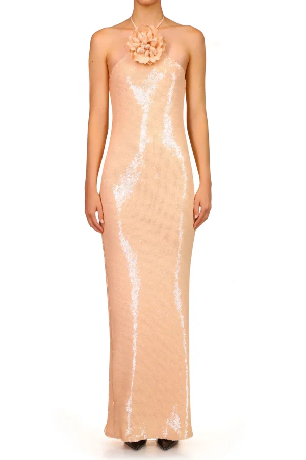 Dresses*Rodarte Peach Sequin Halter Gown With Flower Detail