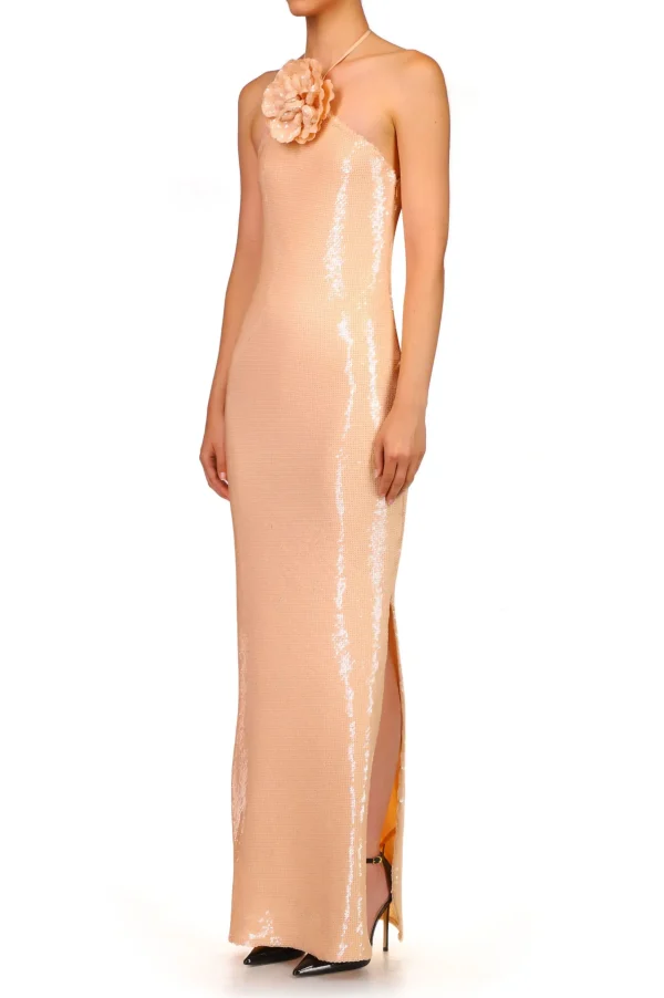 Dresses*Rodarte Peach Sequin Halter Gown With Flower Detail