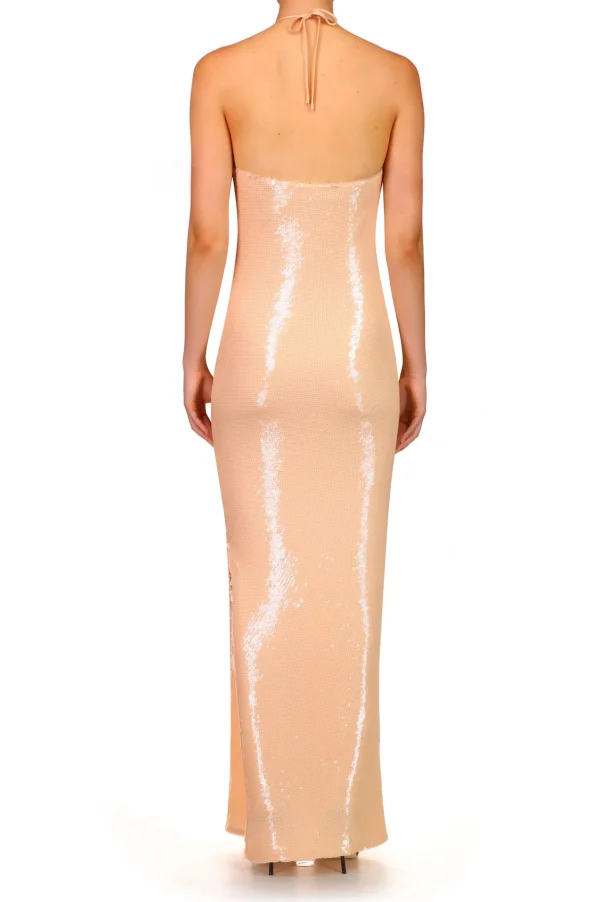 Dresses*Rodarte Peach Sequin Halter Gown With Flower Detail