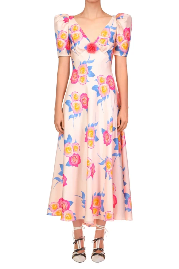 Dresses*Rodarte Pink And Blue Rose Printed Short Sleeve Dress With Silk Flower Detail