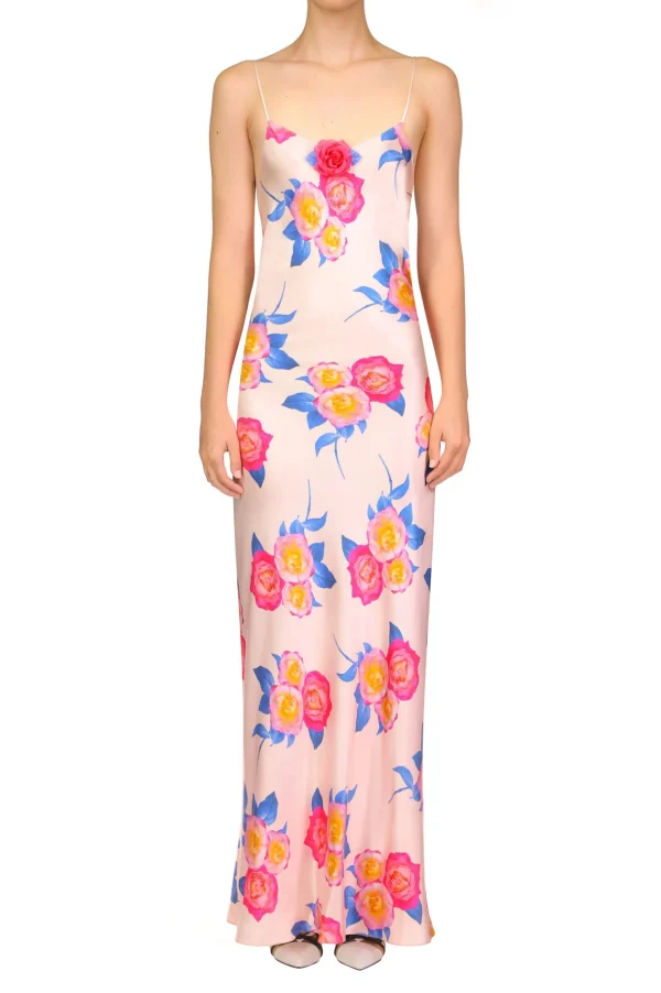 Dresses*Rodarte Pink And Blue Rose Printed Silk Bias Long Slip Dress With Silk Flower Detail