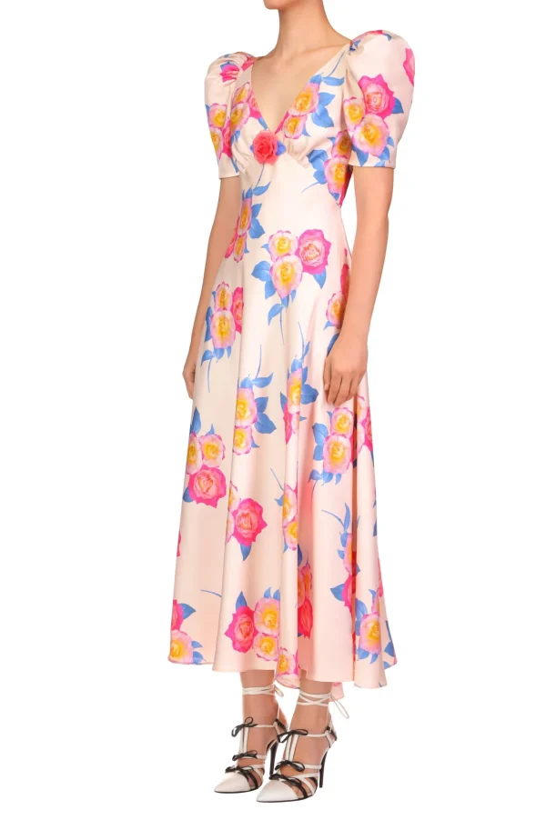 Dresses*Rodarte Pink And Blue Rose Printed Short Sleeve Dress With Silk Flower Detail