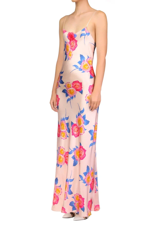 Dresses*Rodarte Pink And Blue Rose Printed Silk Bias Long Slip Dress With Silk Flower Detail