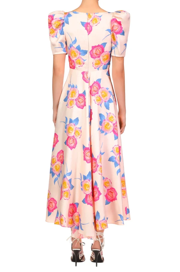 Dresses*Rodarte Pink And Blue Rose Printed Short Sleeve Dress With Silk Flower Detail