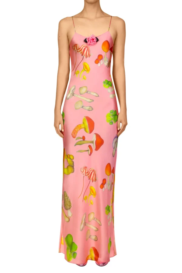 Dresses*Rodarte Pink Mushroom Printed Silk Satin Tea Length Slip Dress