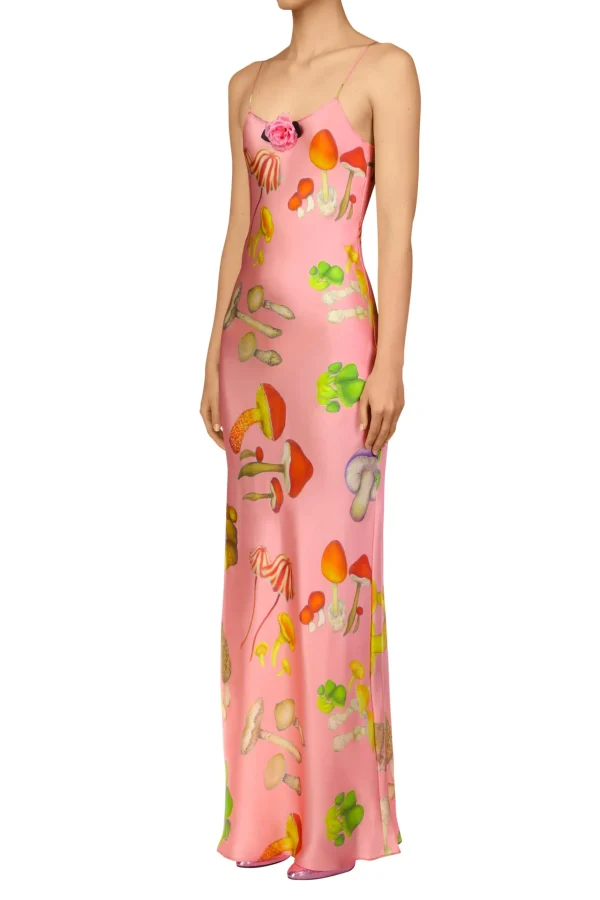 Dresses*Rodarte Pink Mushroom Printed Silk Satin Tea Length Slip Dress