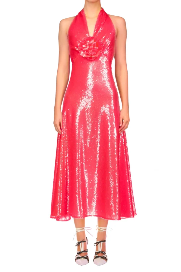 Dresses*Rodarte Pink Sequin Halter Bias Dress With Flower Detail