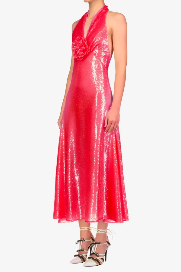 Dresses*Rodarte Pink Sequin Halter Bias Dress With Flower Detail