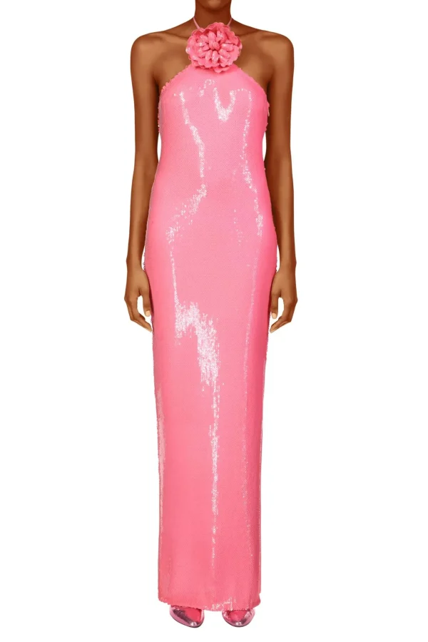 Dresses*Rodarte Pink Sequin Halter Gown With Flower Detail