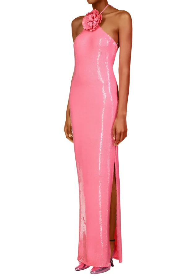 Dresses*Rodarte Pink Sequin Halter Gown With Flower Detail