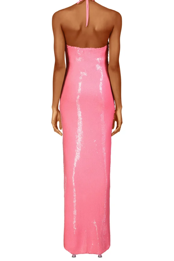 Dresses*Rodarte Pink Sequin Halter Gown With Flower Detail