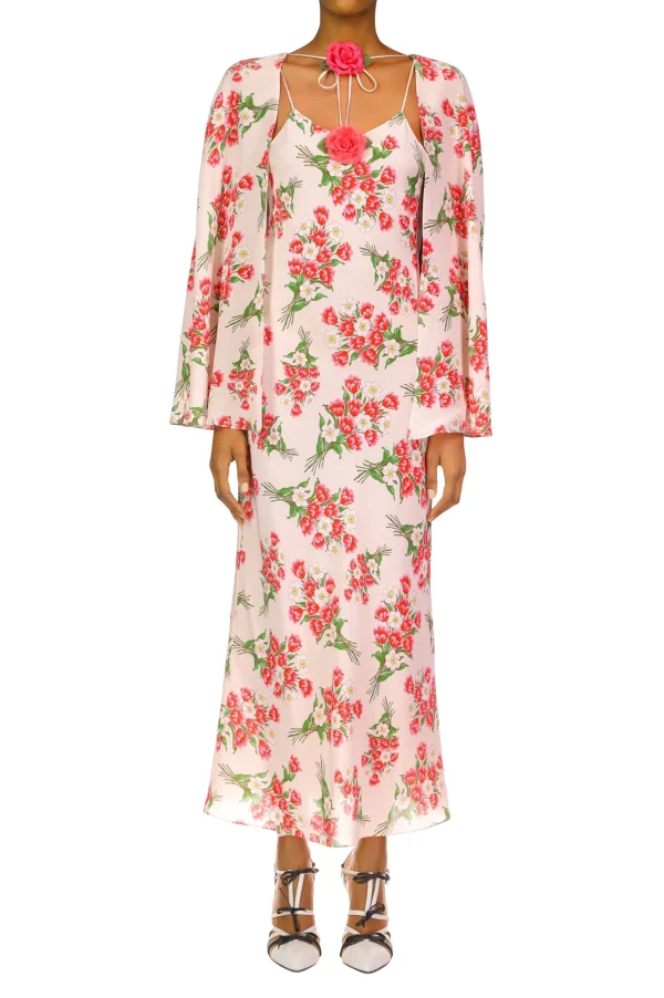 Dresses*Rodarte Pink Tulip Bouquet Printed Silk Capelet With Silk Flower Detail