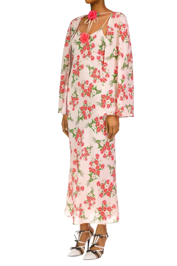 Dresses*Rodarte Pink Tulip Bouquet Printed Silk Capelet With Silk Flower Detail