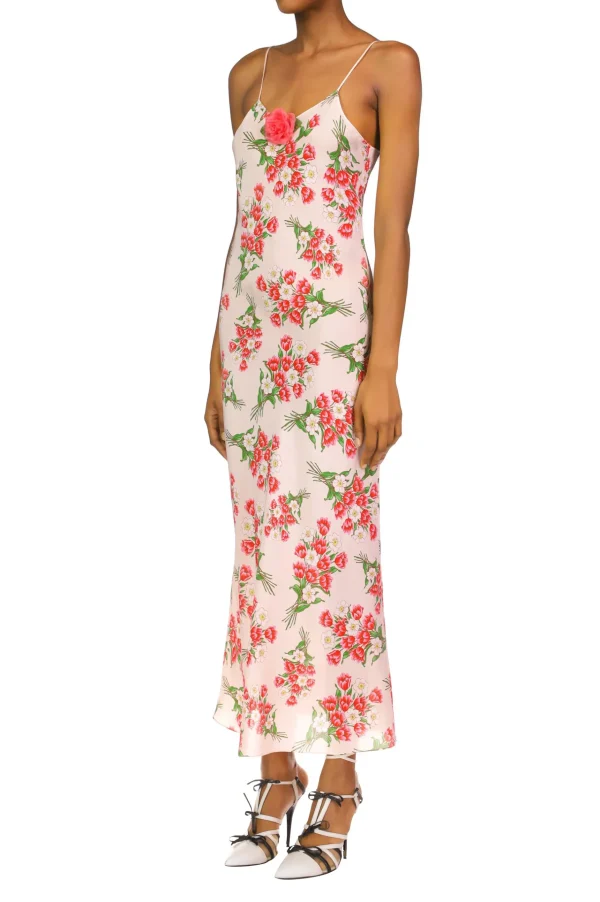 Dresses*Rodarte Pink Tulip Bouquet Printed Slk Mid Length Slip Dress With Silk Flower