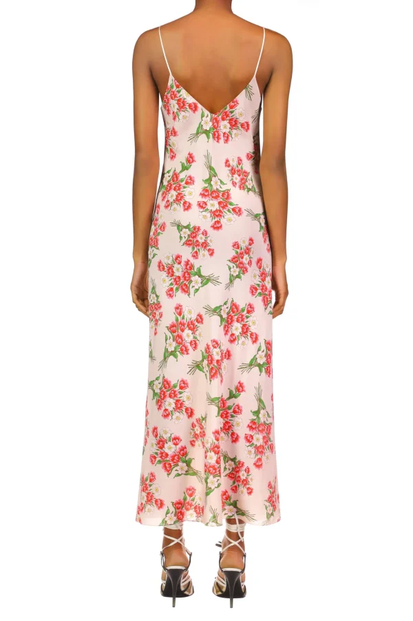 Dresses*Rodarte Pink Tulip Bouquet Printed Slk Mid Length Slip Dress With Silk Flower