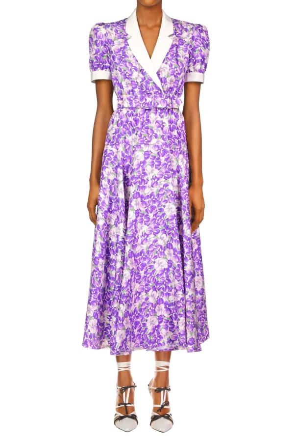 Dresses*Rodarte Purple Iris Printed Silk Twill Collared Dress With Belt Detail