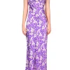 Dresses*Rodarte Purple Iris Printed Silk Satin Bias Dress With Ruched Bust And Black Lace Detail