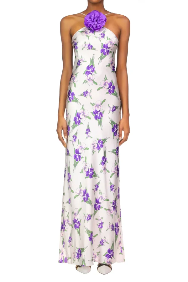 Dresses*Rodarte Purple Iris Printed Silk Halter Gown With Silk Flower Detail