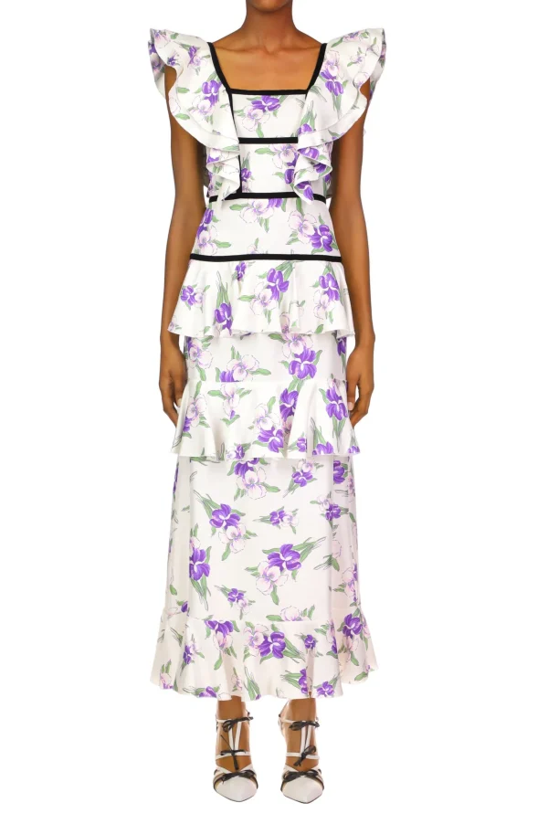 Dresses*Rodarte Purple Iris Printed Silk Twill Dress With Velvet Ribbon Detail