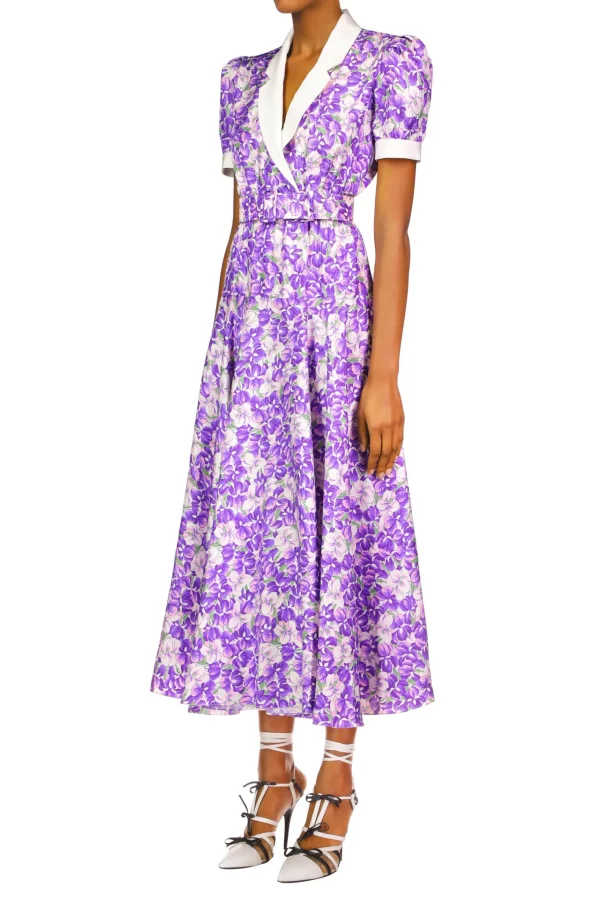 Dresses*Rodarte Purple Iris Printed Silk Twill Collared Dress With Belt Detail