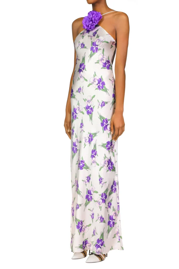 Dresses*Rodarte Purple Iris Printed Silk Halter Gown With Silk Flower Detail