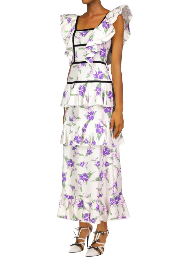 Dresses*Rodarte Purple Iris Printed Silk Twill Dress With Velvet Ribbon Detail