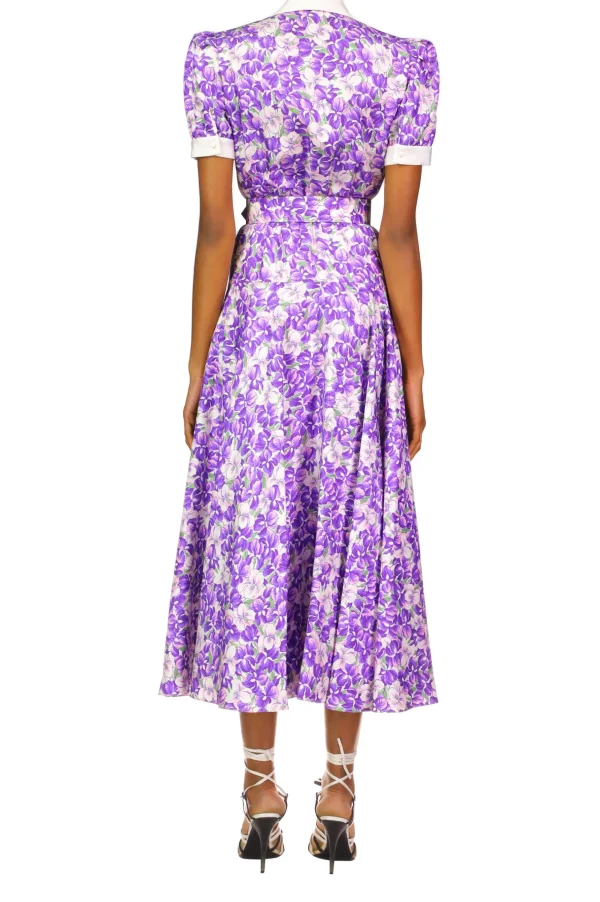 Dresses*Rodarte Purple Iris Printed Silk Twill Collared Dress With Belt Detail