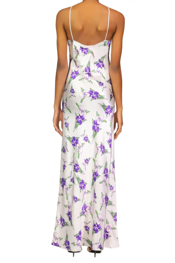 Dresses*Rodarte Purple Iris Printed Silk Halter Gown With Silk Flower Detail