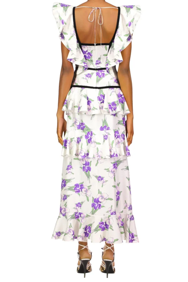 Dresses*Rodarte Purple Iris Printed Silk Twill Dress With Velvet Ribbon Detail