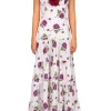 Dresses*Rodarte Purple Rose Printed Silk Tiered Dress With Silk Flower