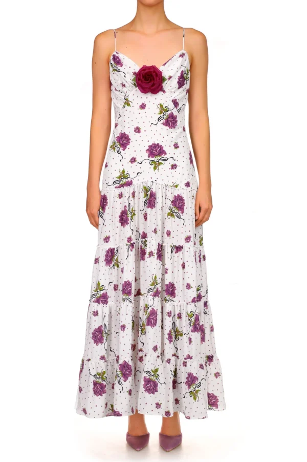 Dresses*Rodarte Purple Rose Printed Silk Tiered Dress With Silk Flower