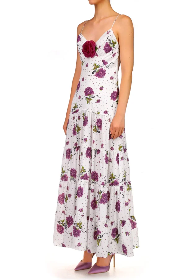 Dresses*Rodarte Purple Rose Printed Silk Tiered Dress With Silk Flower