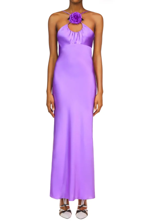 Dresses*Rodarte Purple Silk Satin Bias Dress With Ruched Bust And Silk Flower Detail