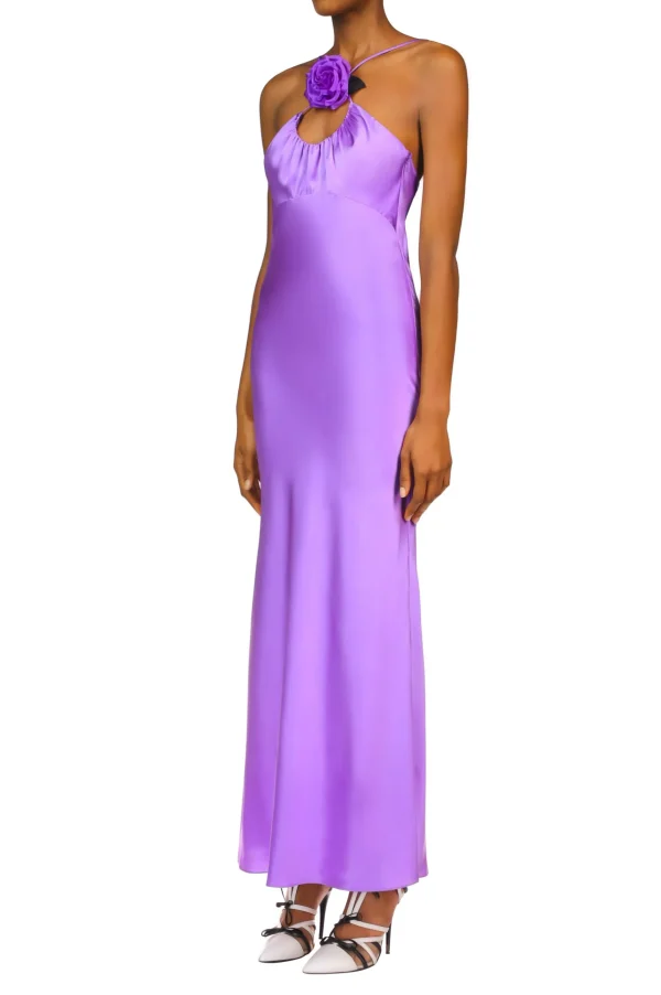 Dresses*Rodarte Purple Silk Satin Bias Dress With Ruched Bust And Silk Flower Detail